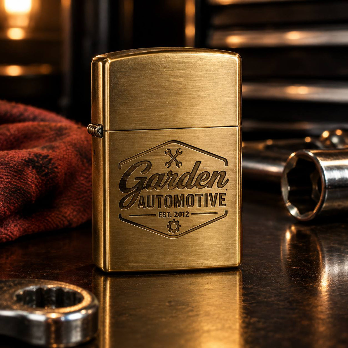 Garden Automotive & Tire Branded Brushed Brass Zippo-Style Windproof Lighter